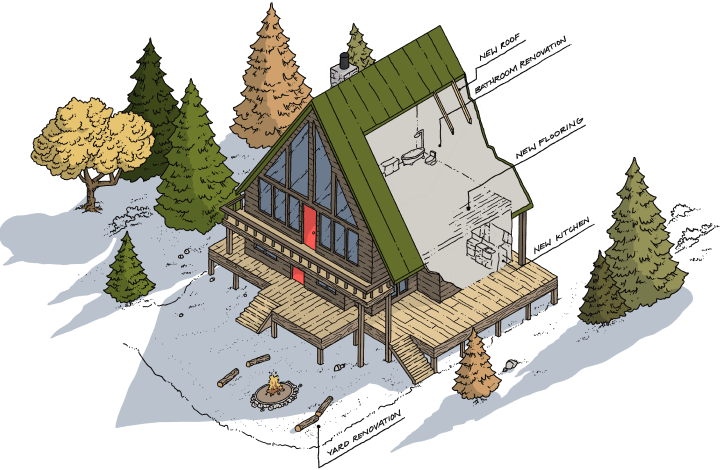 Plans for home renovations highlighting specific rooms in the home.